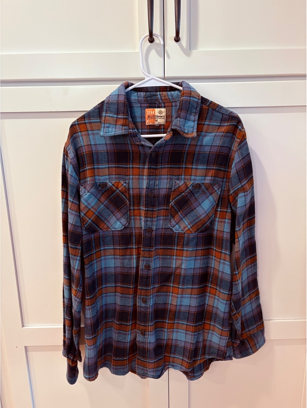 Ruff Hewn Men's Medium Plaid Flannel Shirt Blue Orange Cotton